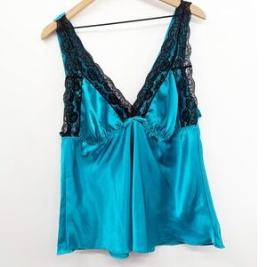 Vintage Y2K Lace Trim Satin Babydoll Tank in Tropical Teal Black Size 1X